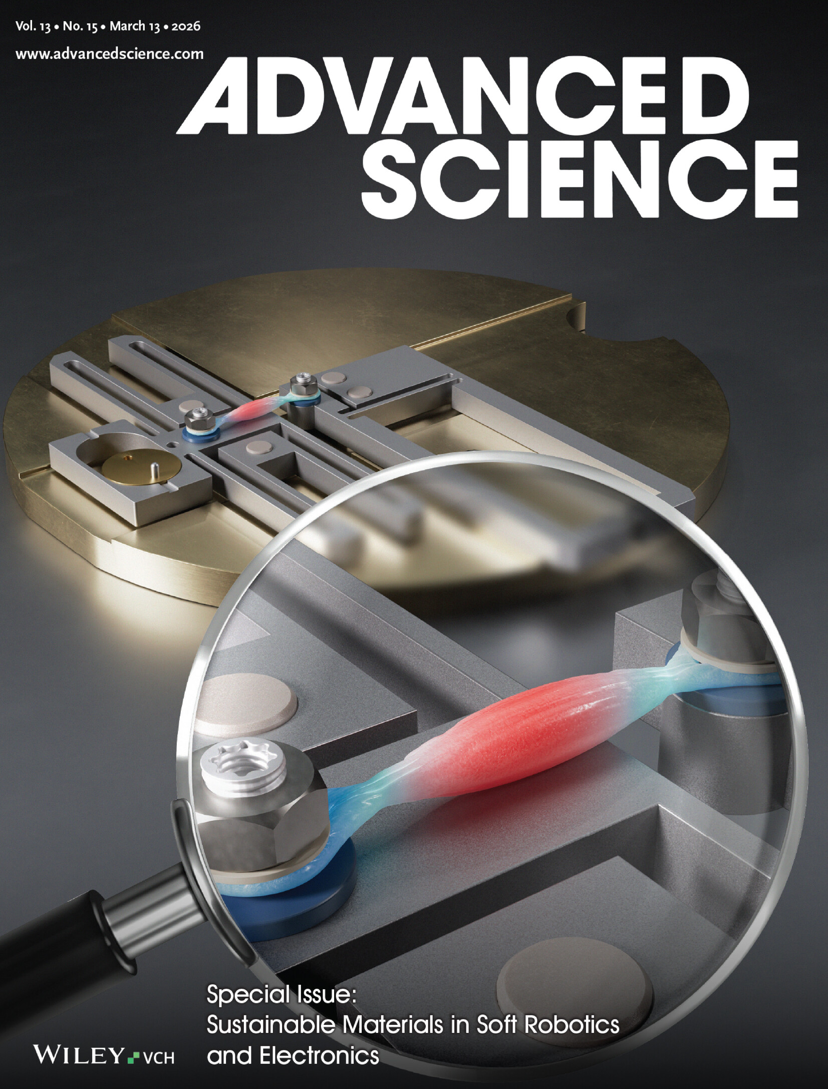 Advanced Science cover showing a red muscle-like element joined to a mechanical device by blue tendon-like connectors.