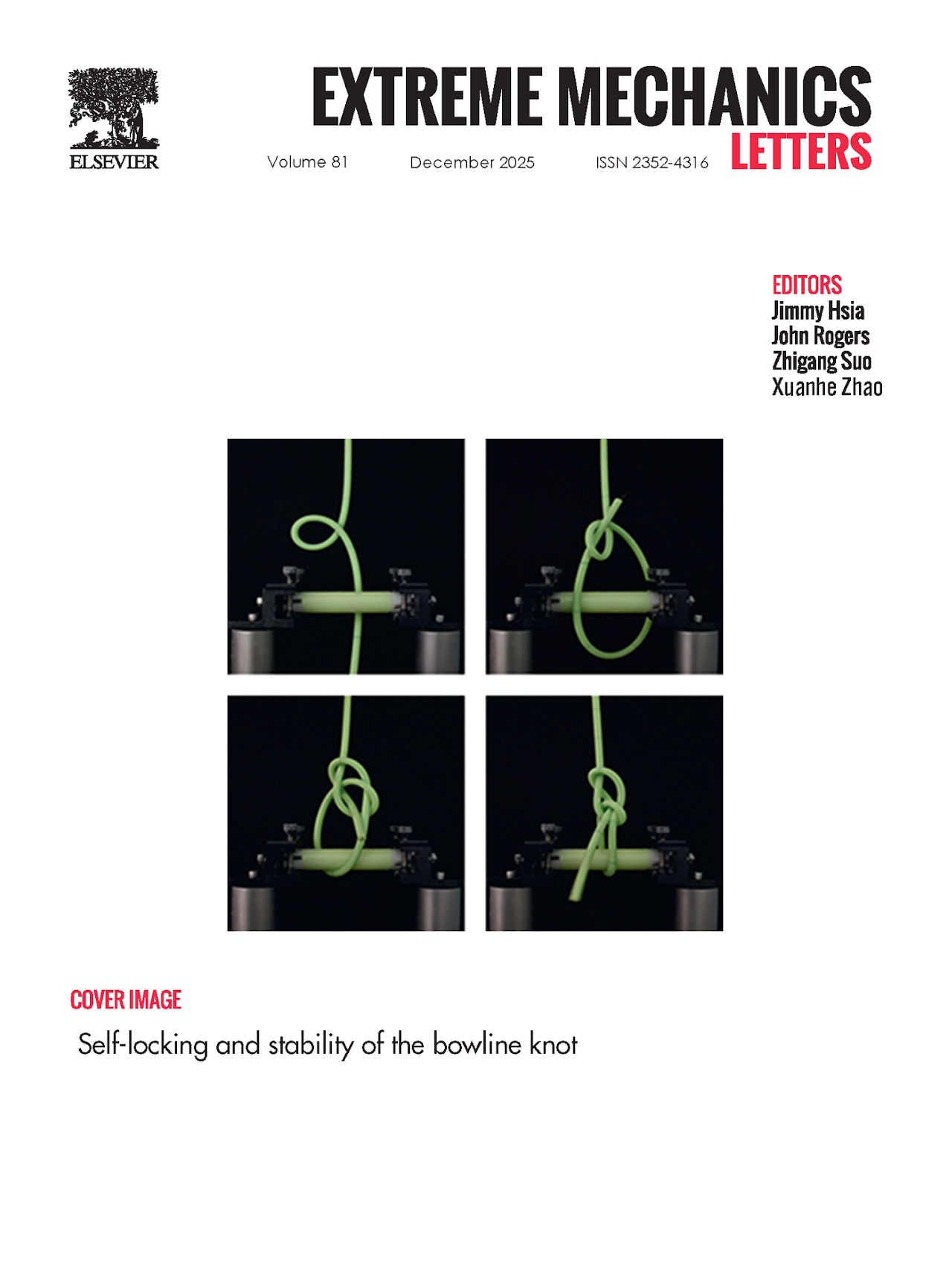 Extreme Mechanics Letters cover with the title Self-locking and stability of the bowline knot.